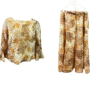 Simonton Says 2 Piece Blouse Skirt Set Neutral Brown Ruffle Sleeves Lined Sz L